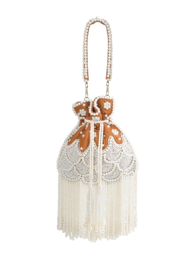 Anekaant Dewdrop Fringe Orange Velvet Embellished Potli For Women | Wedding & Festive Bag - Image 1